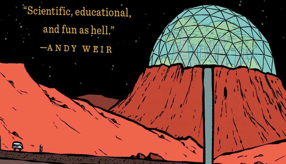 Snapshot of the cover of "A City on Mars," including a flattering
blurb by Andy Weir.  A mountainous red landscape with a black sky,
with a tiny person and vehicle in the foreground.  One mountain is
covered with a glass hemisphere with barely-visible trees within, and
a schematic tunnel extending downward out of view to a subterranean habitat.
